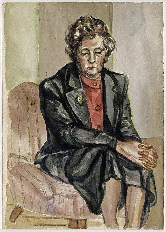  A melancholy woman in a black suit and red shirt looking down seated in a pink striped chair 
