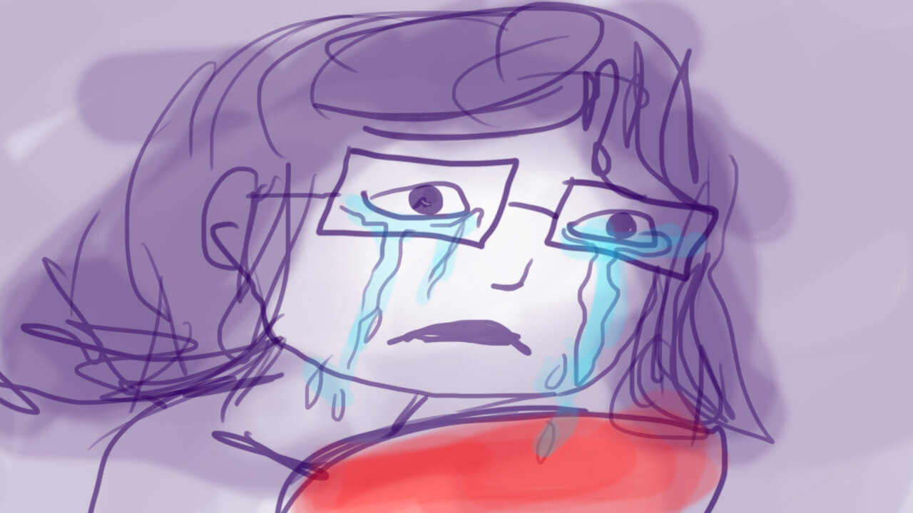  Storyboard image. Closeup of a girl wearing glasses crying while holding a red coat. The image has a purple overlay. 