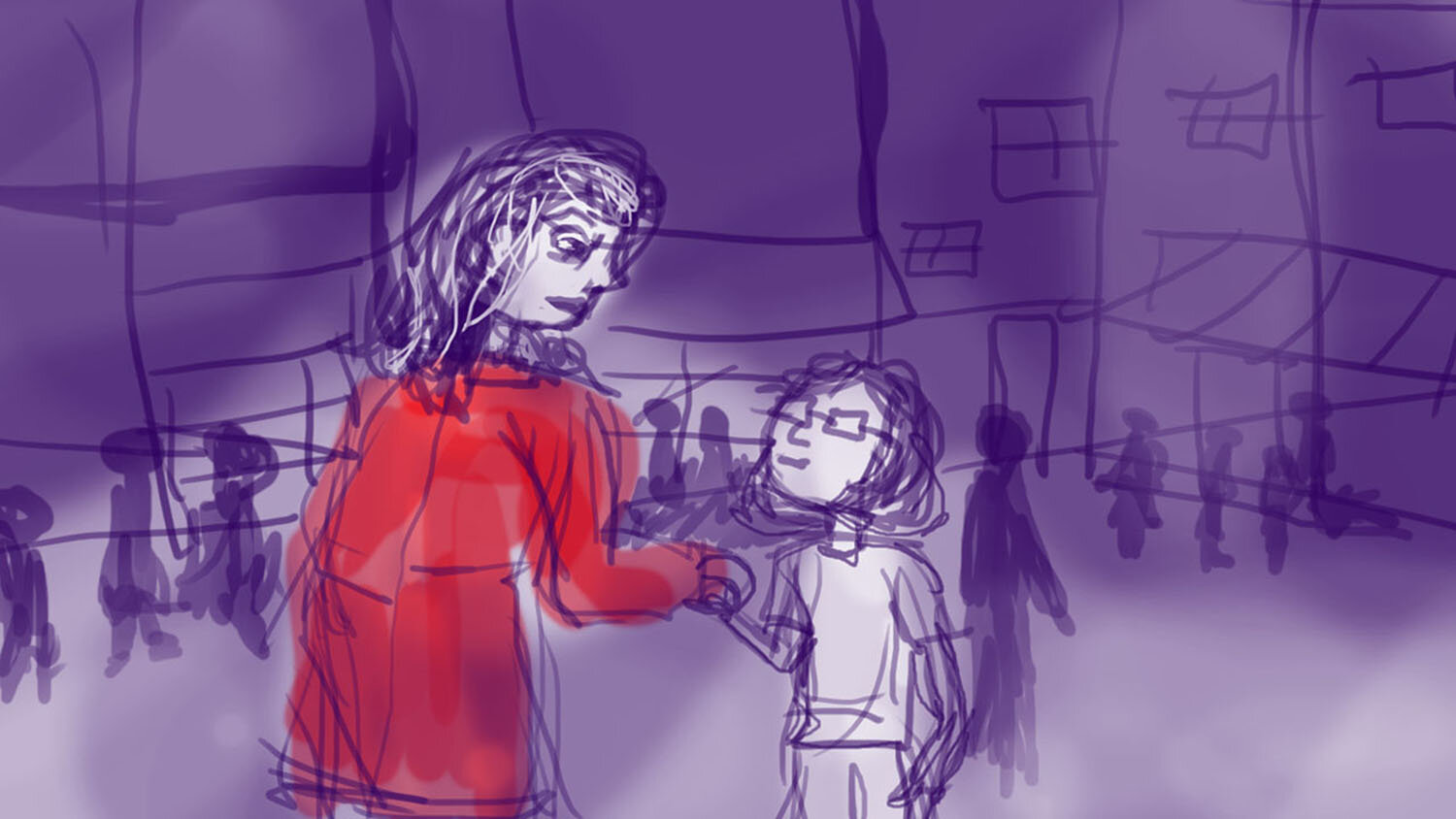  Animatic storyboard by Nisha Ramnath. Woman in a red coat holding a child’s hand. Purple overlay over image. 
