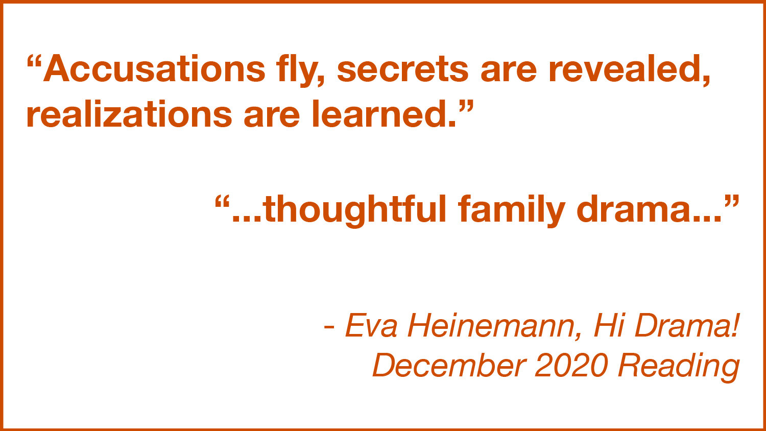  Pull quotes from Review by Eva Heinemann, Hi Drama! of Stop-Motion December 2020 Reading: “Accusations fly, secrets are revealed, realizations are learned.” “…thoughtful family drama…” 