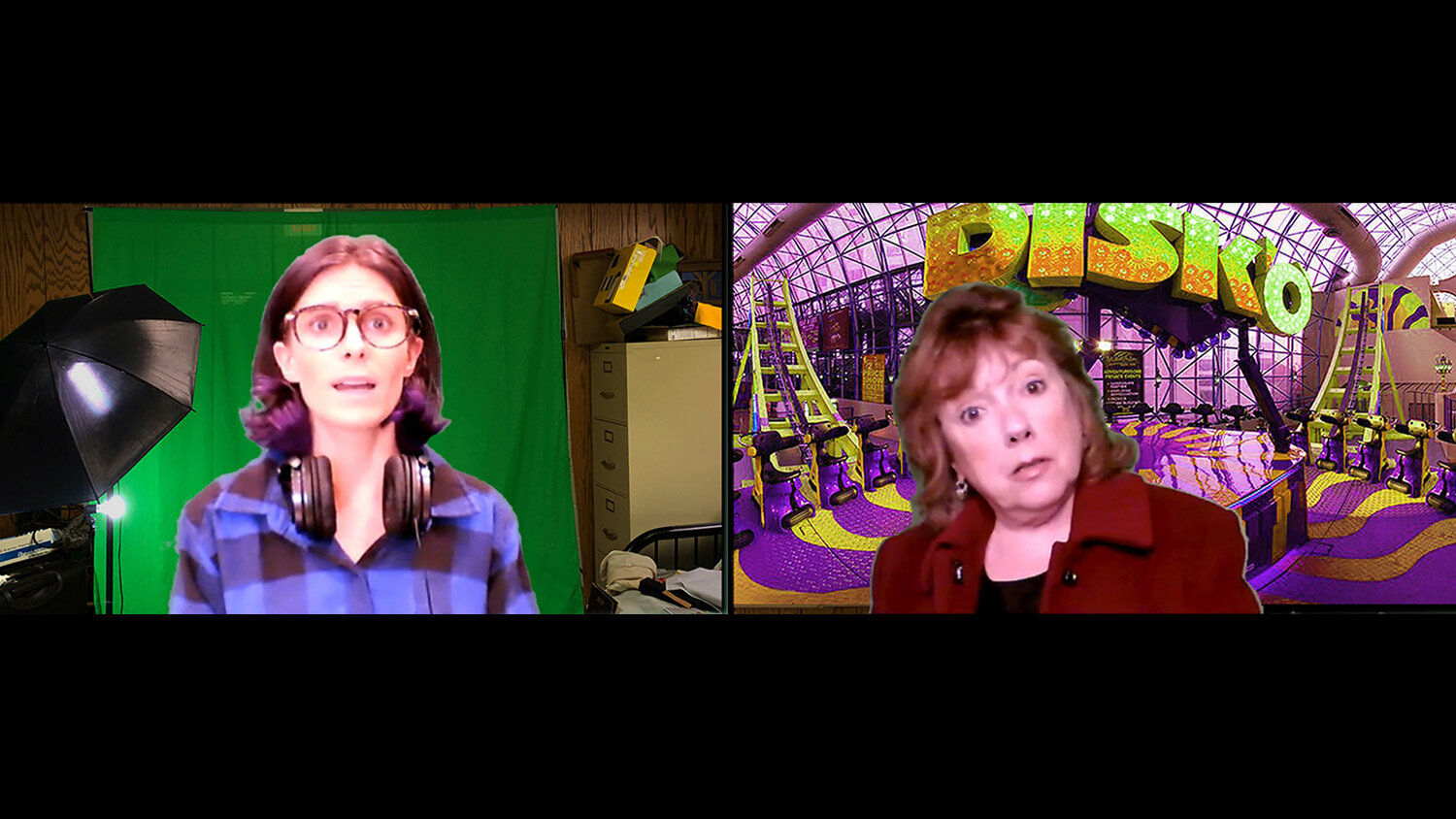  Emily Batsford (left) in a purple flannel shirt in front of a green screen. Paula Ewin (right) in a green-screened amusement park. 