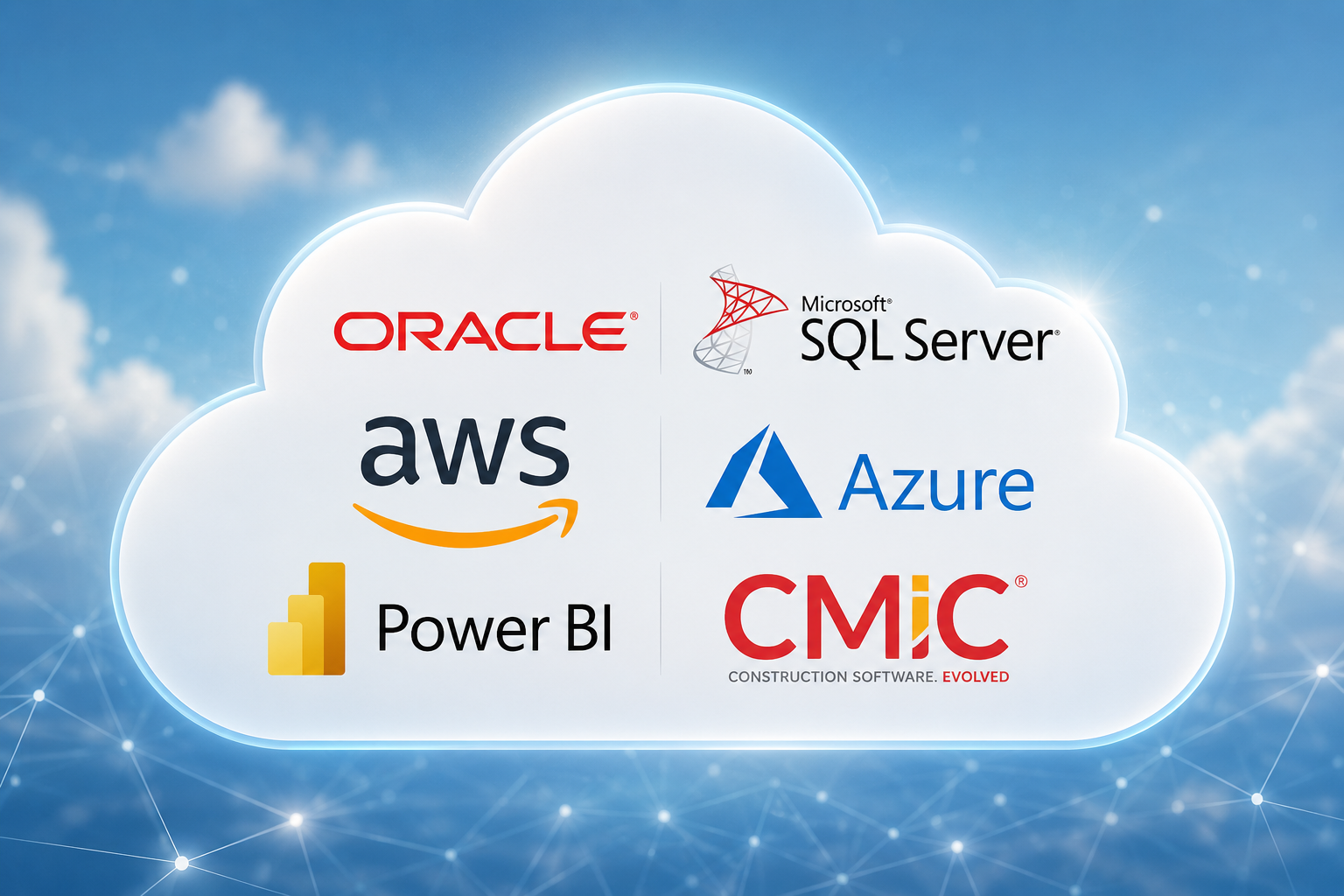 Oracle, Microsoft SQL Server, AWS, Azure, Power BI, and CMiC logos representing the technology platforms Symmetry Resource Group supports