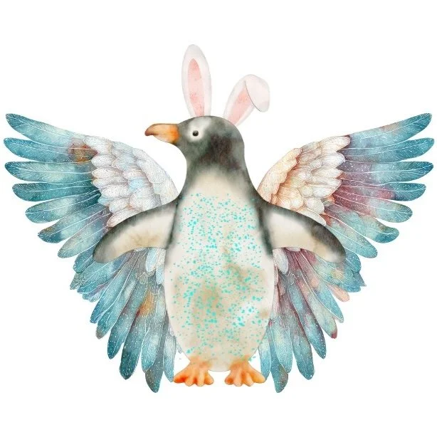 Mixed media collage of an imaginary creature combining a penguin body, bird wings, and rabbit ears.