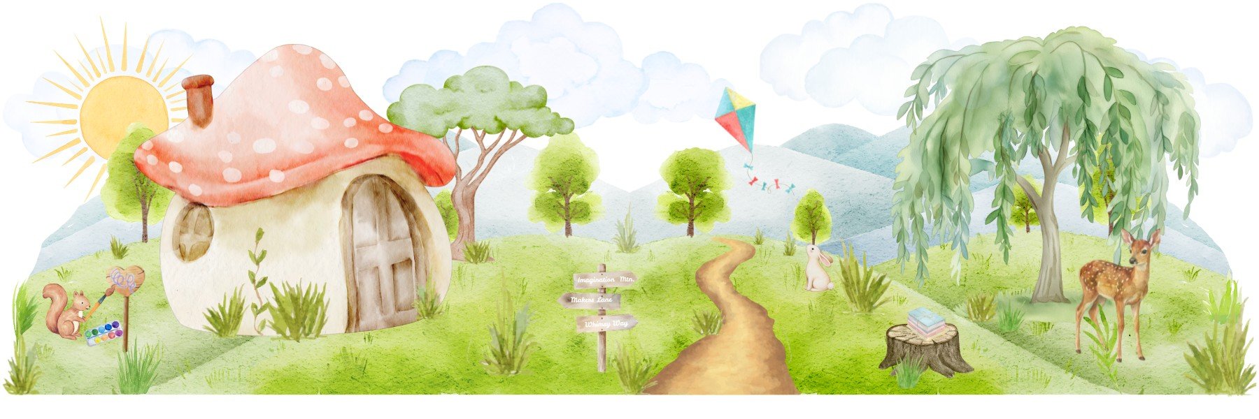 Illustrated scene representing the Creative Playdate Program at Second Nature Arts in Stockbridge, MA, focused on imaginative, hands-on art for kids.