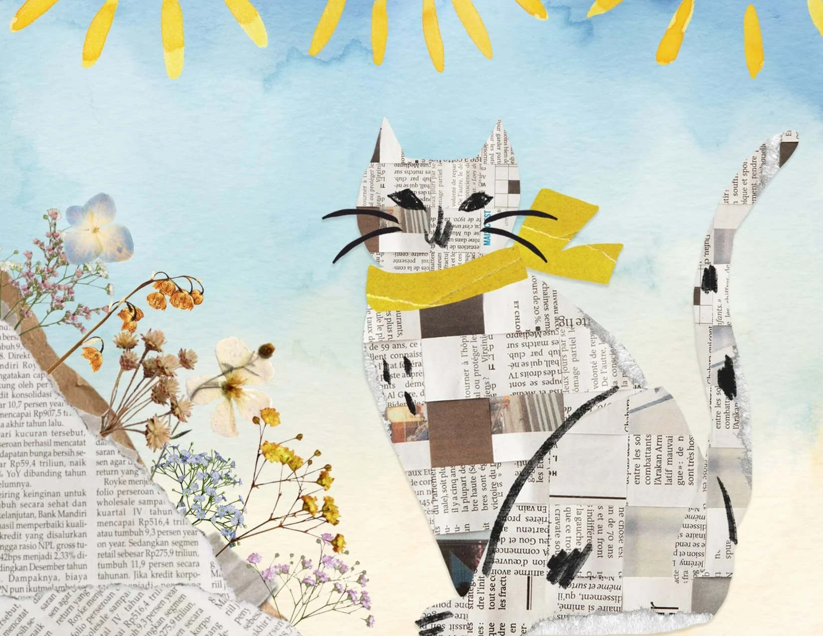 Collage of a cat made from book pages, flowers, and colorful paper shapes.