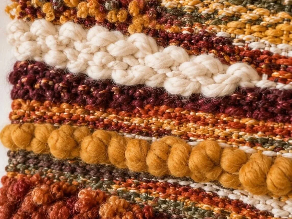 Colorful woven fiber art project with layered yarn and textile textures