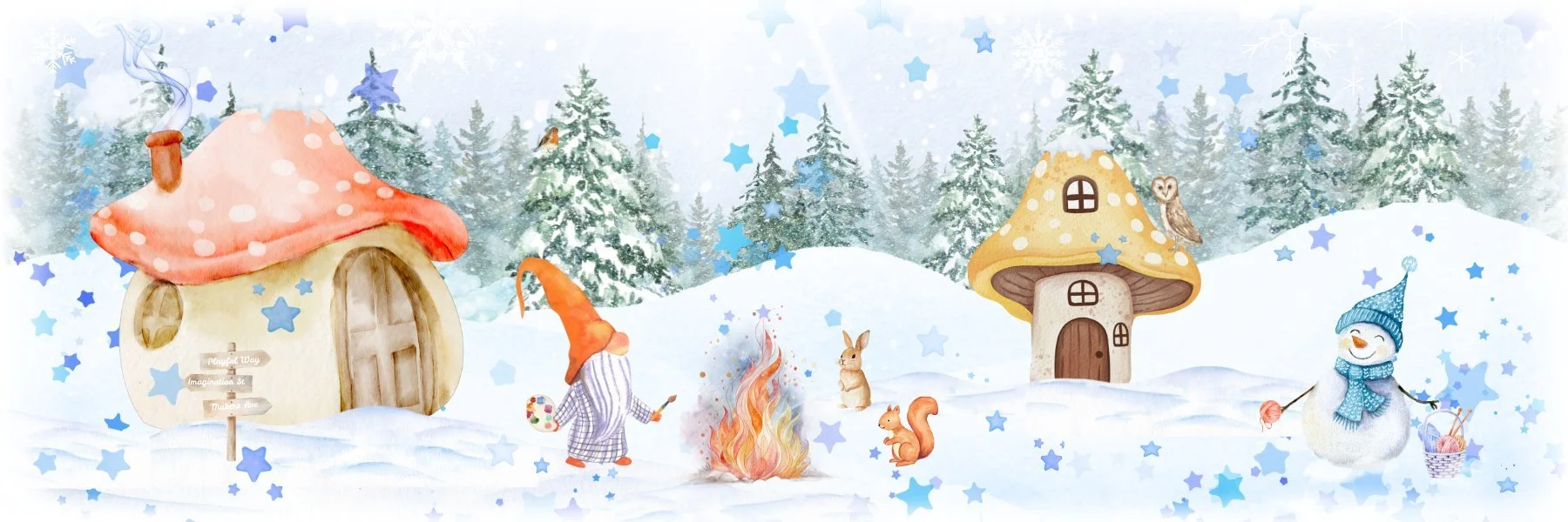 Winter wonderland scene with gnome, snowman, and art supplies from Creative Playdate Program at Second Nature Arts, an art program for kids in the Berkshires.