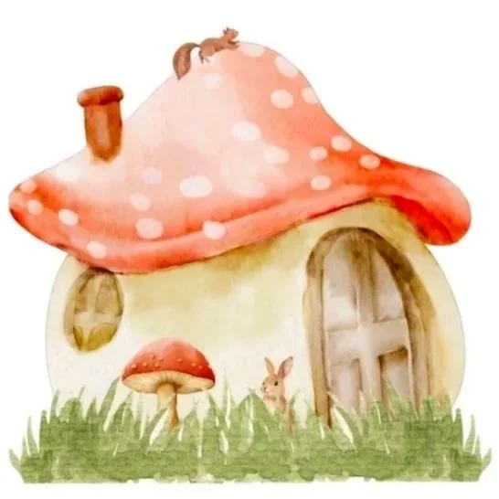 Whimsical illustrated mushroom house representing an imaginative dream dwelling for a children’s mixed media art project