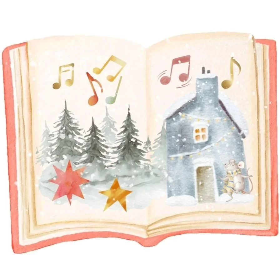 Illustrated open storybook with a small house and musical notes symbolizing a creative altered book art project for kids