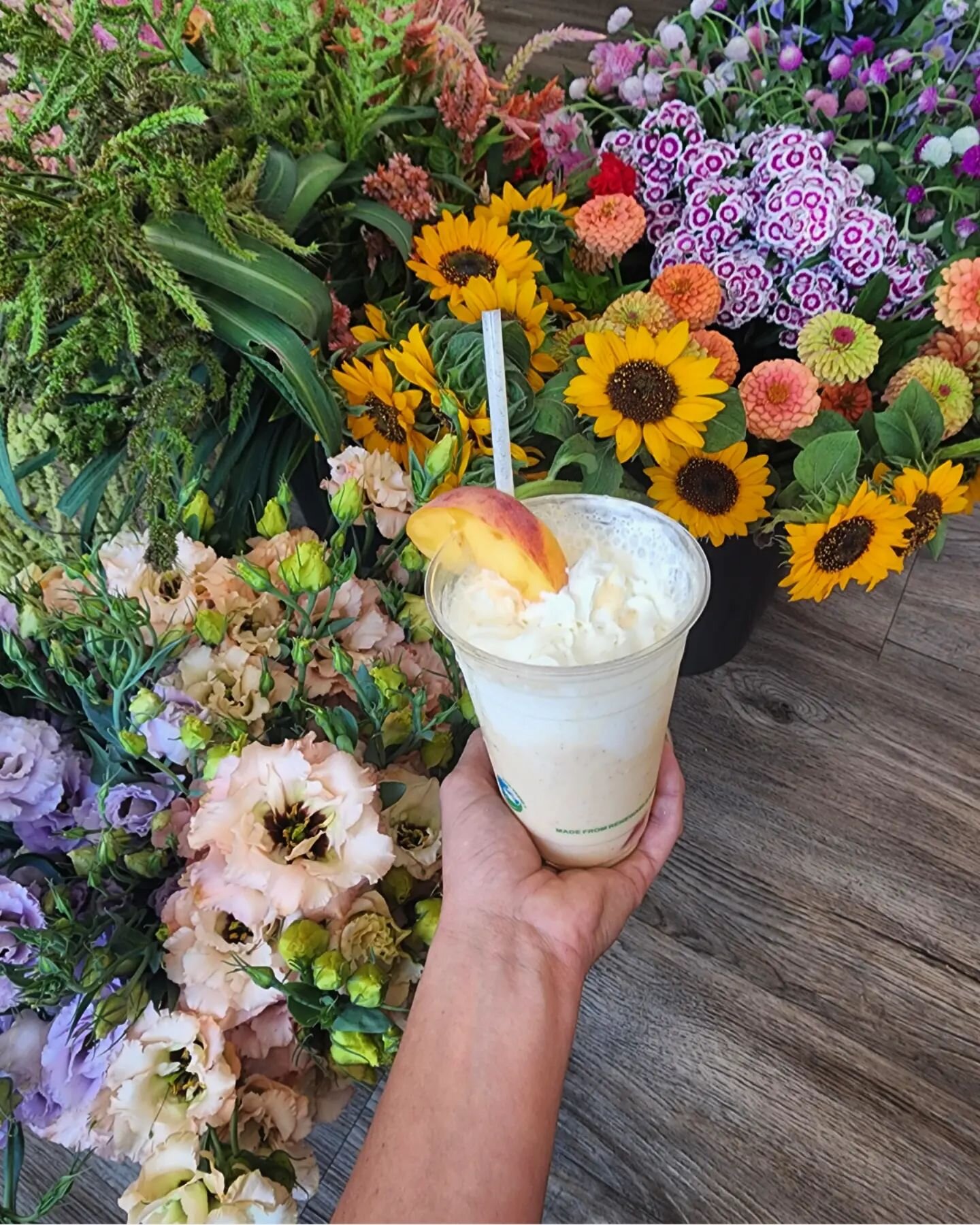 Fresh local seasonal peach milkshakes and blooms 
 🍊💐😋 

#floralcafe #peachseason #freshflowers #freshfruit #treatyourself #milkshake #gemsandstems #flowerstagram #shoplocal #icecream #botanicalpickmeup #okanagangardens #okanaganlife #flowermagic 