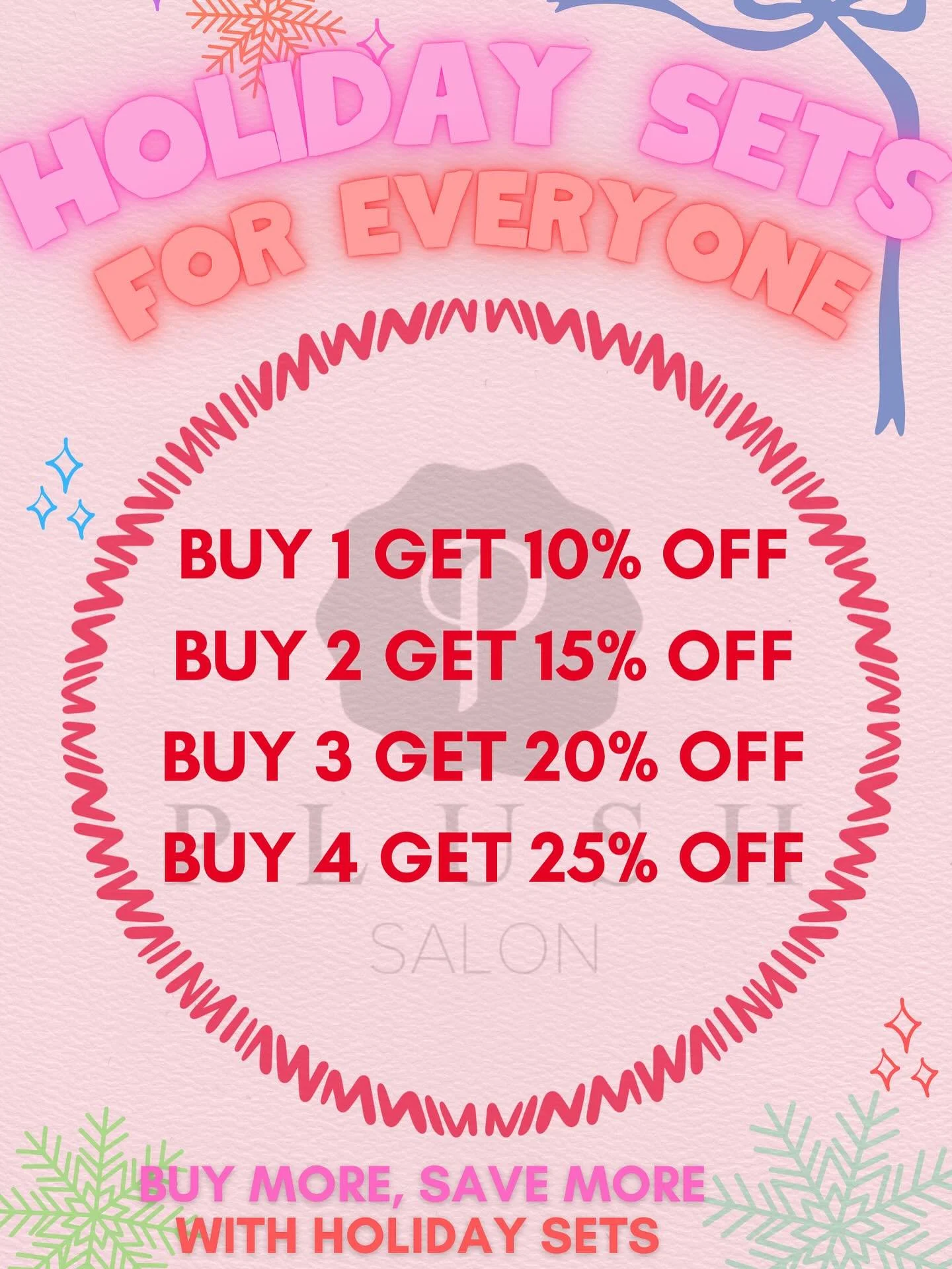 HOLIDAY SETS are in salon!!
Buy more Save more! 
10-40% off an already thirty deal 😮&zwj;💨😮&zwj;💨