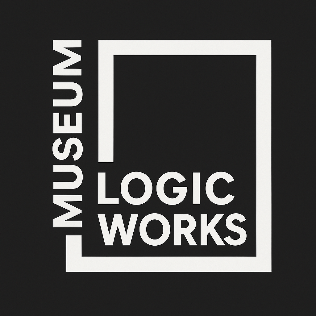 A black background with white text and graphics displaying the words 'LUMSEUM' vertically on the left side, and a large square outlined in white with the words 'LOGIC WORKS' inside.