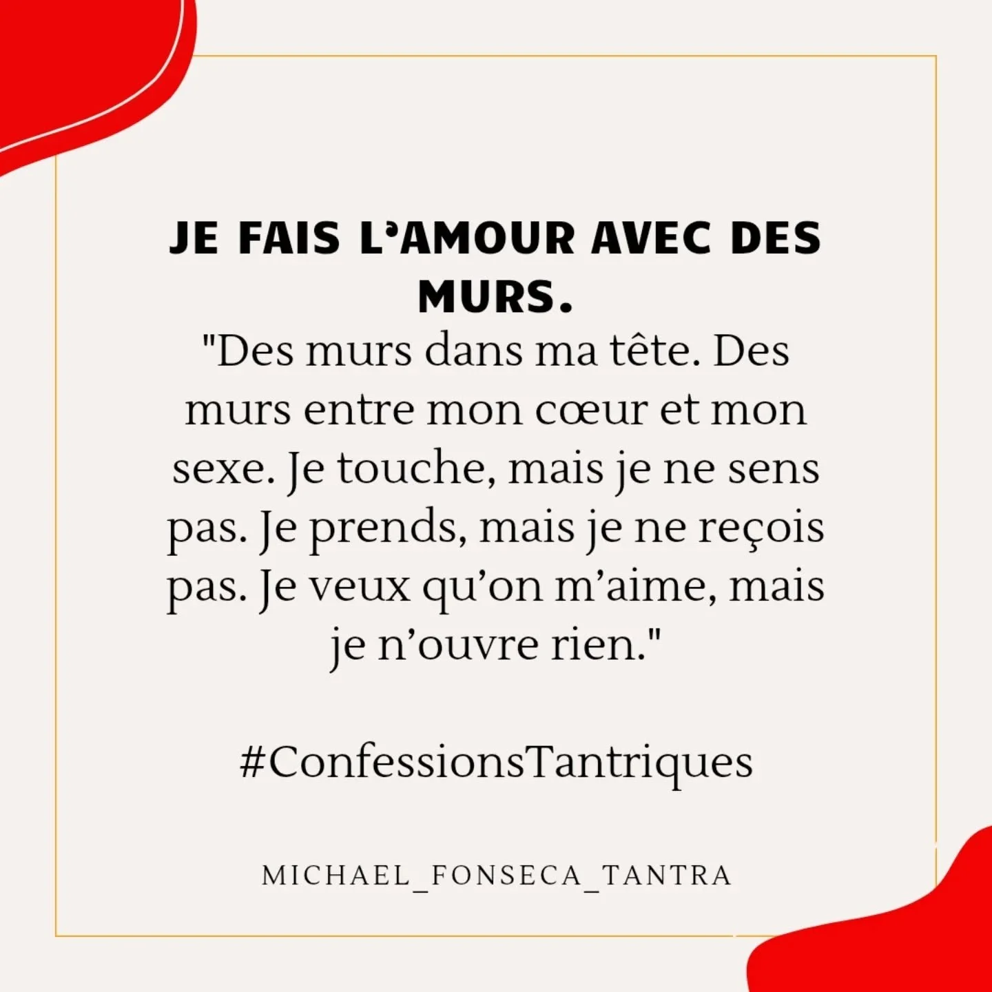 Avant le massage elle m'a dit :
&quot;Je fais l&rsquo;amour avec des murs. Je veux qu'on m'aime, j'essaie de m'ouvrir, ... je n&rsquo;y arrive pas.&quot;

D&egrave;s les premiers instants, j&rsquo;ai senti la distance.
Un corps pr&eacute;sent, mais c