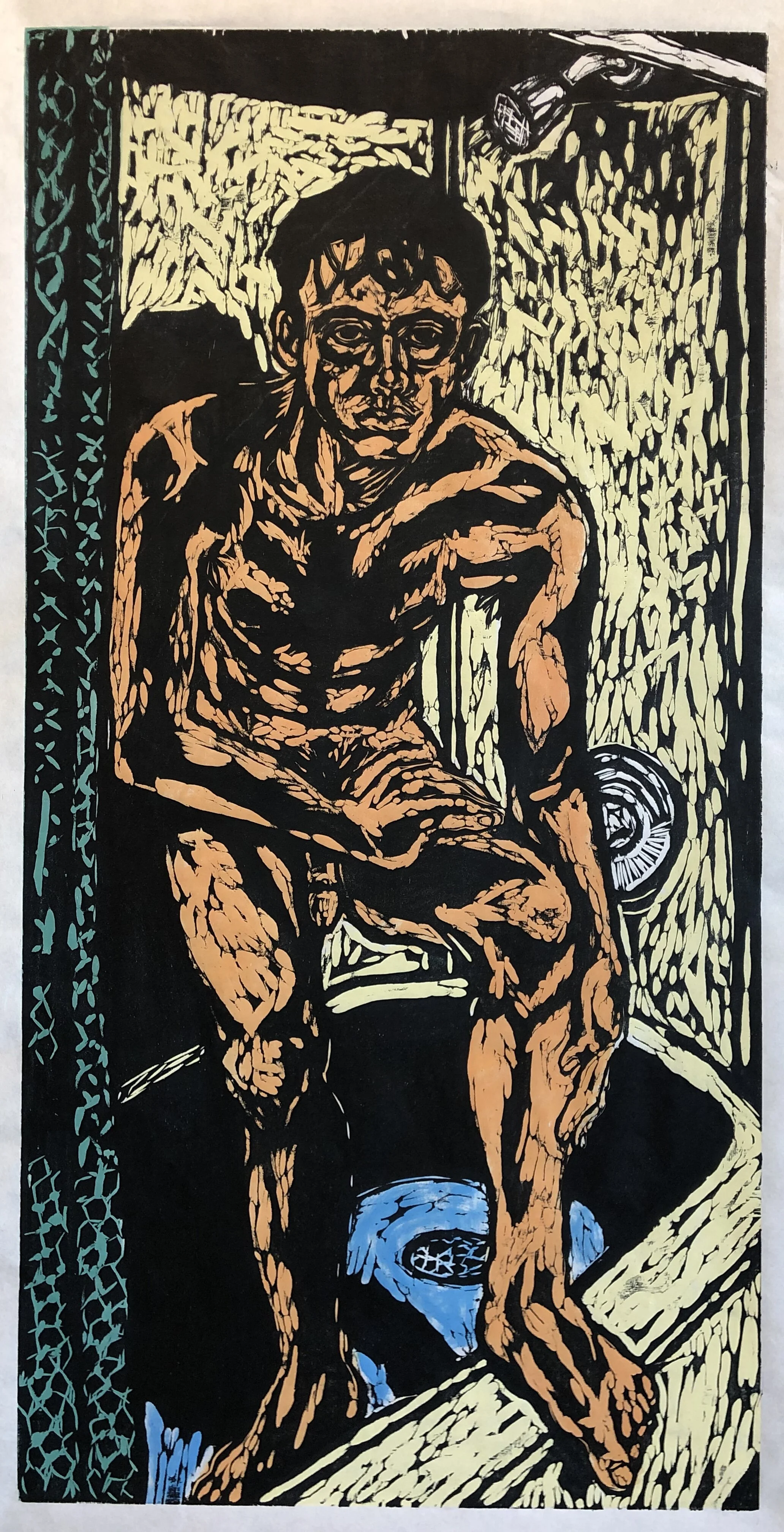 Joey Bathing, Color Woodcut, 4x2'
