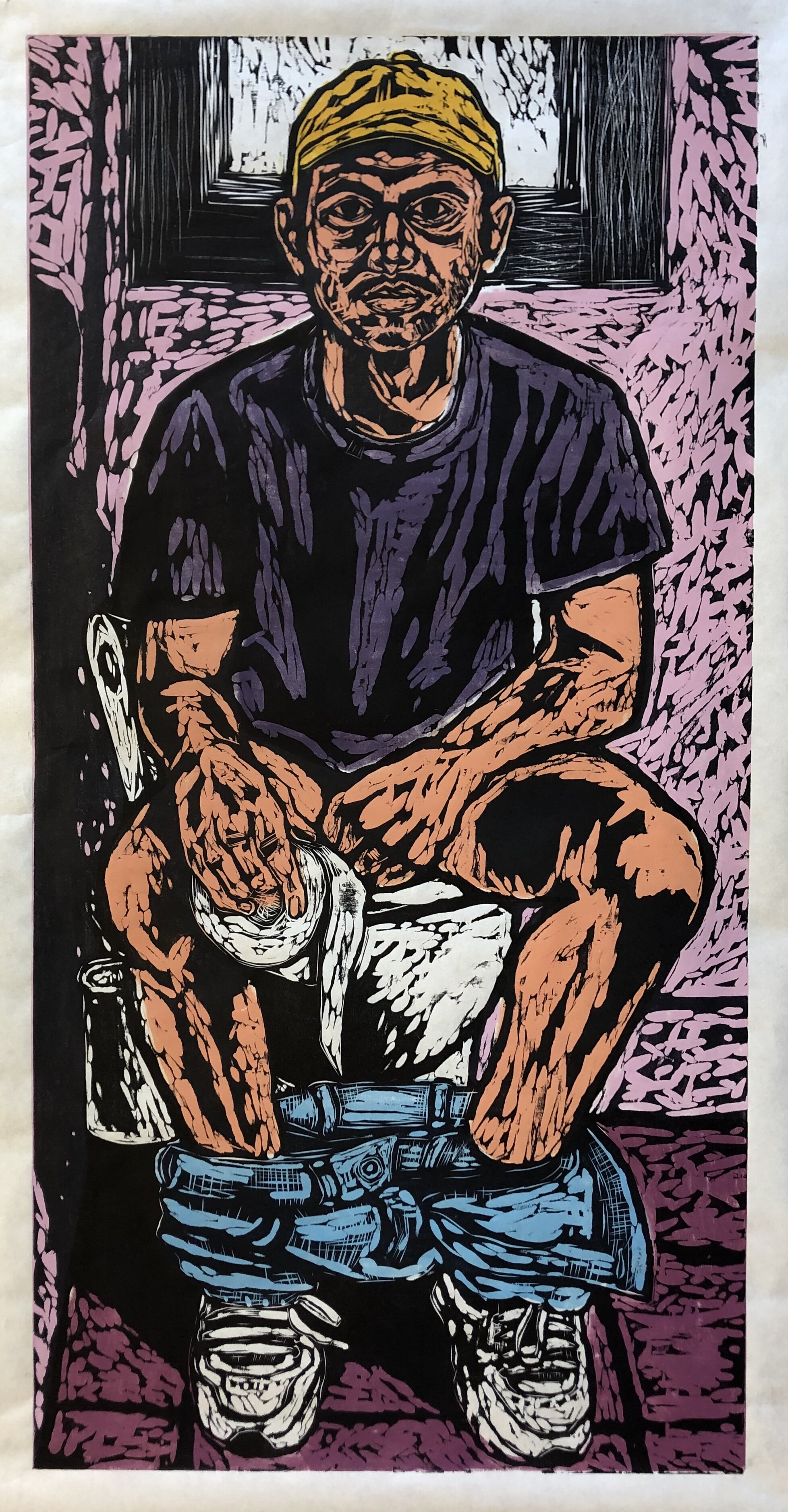 On the Toilet, Color Woodcut, 4x2'