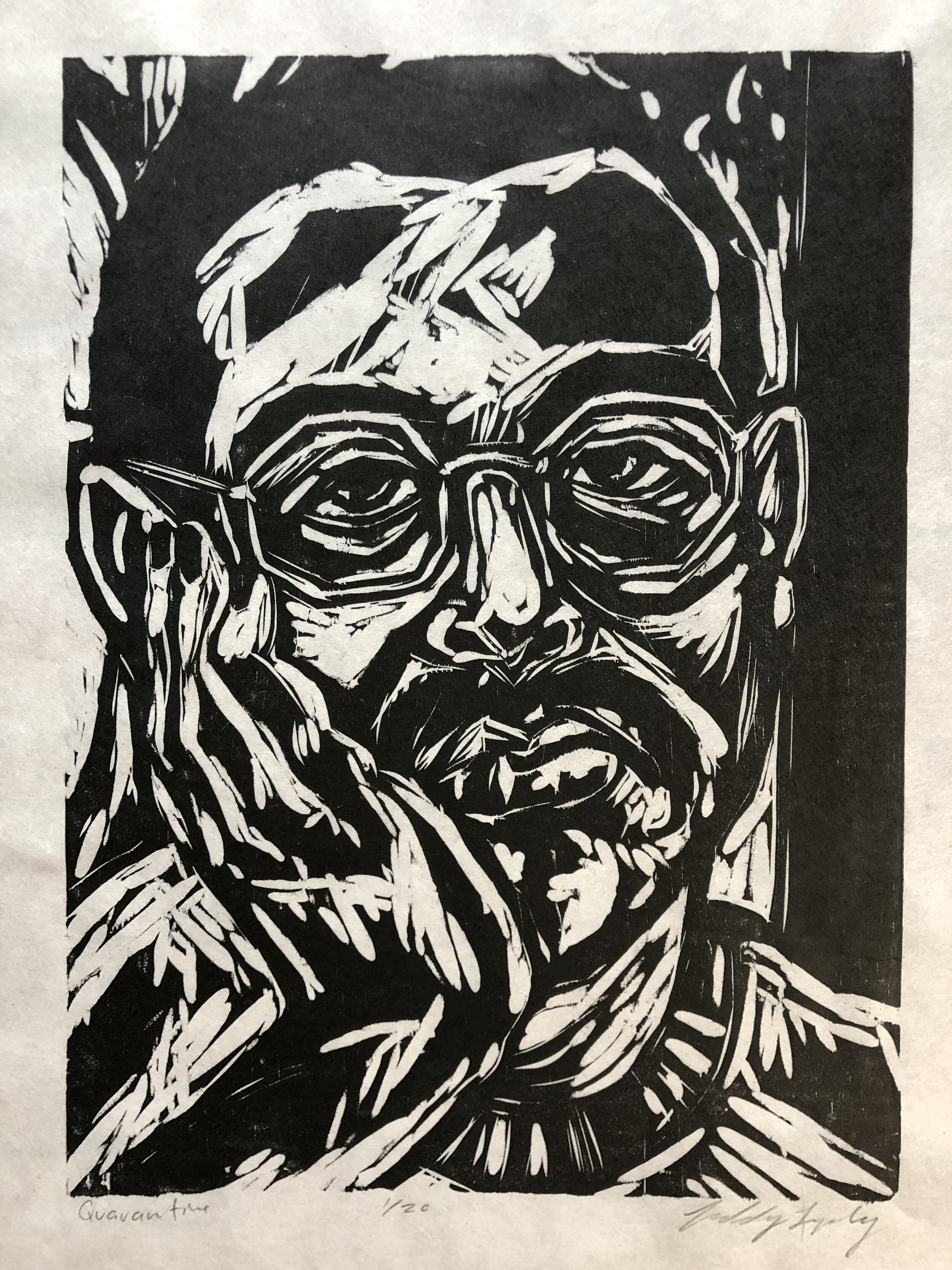 Manny in May 2020, Woodcut, 12.5x9.25"