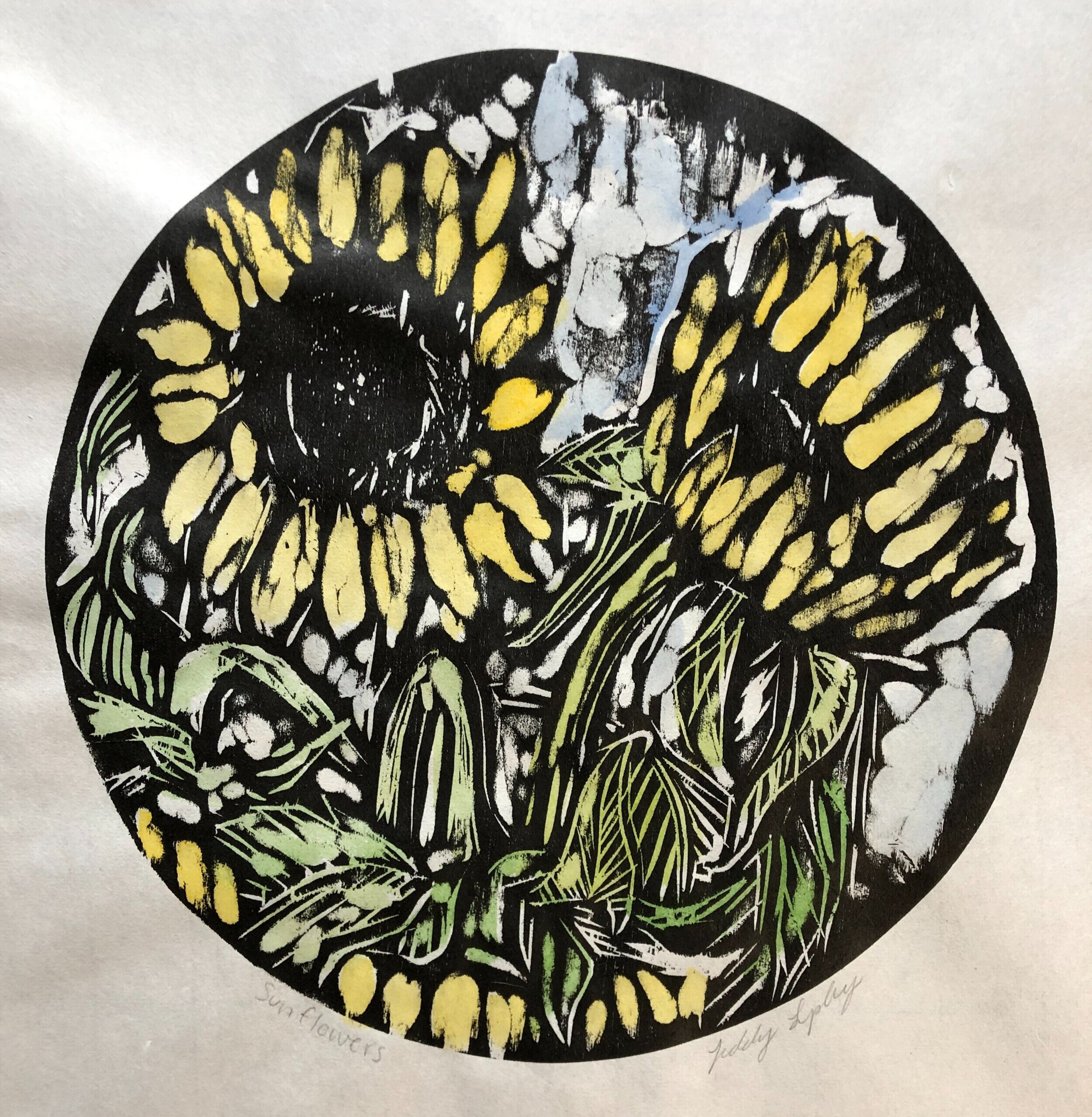 Sunflowers, Hand Watercolored Woodcut, 12"