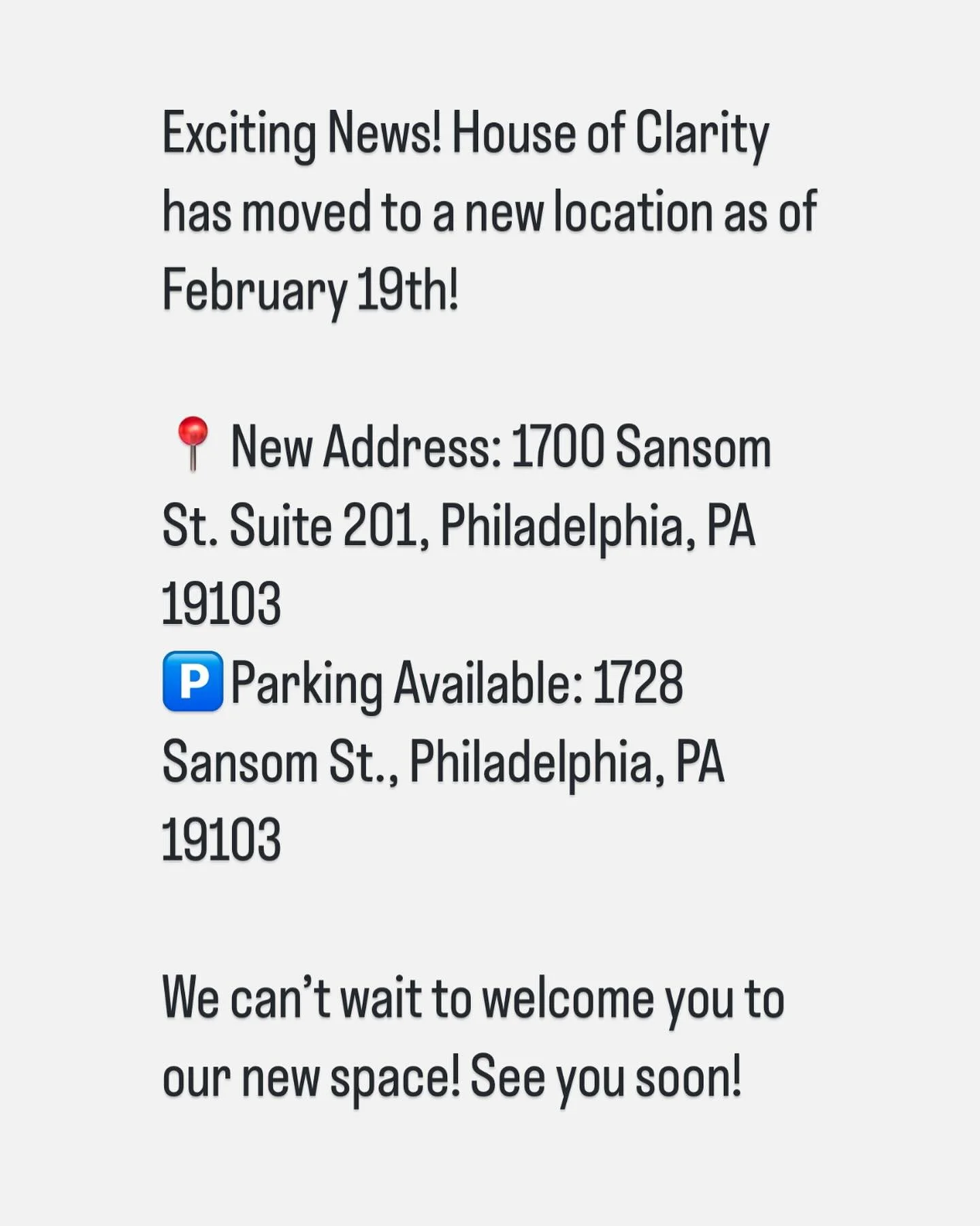 We are excited to announce that our salon is moving to a new, beautiful location! Starting Wednesday, February 19, 2025, you can find us at:

New Salon Address:
1700 Sansom St, Suite 201
Philadelphia, PA 19103

To make your visit even more convenient
