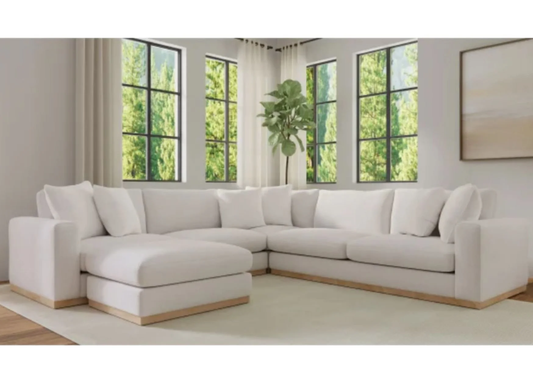 Nice Link 4-Piece Cream Fabric Sectional with Ottoman and Wood Trim
