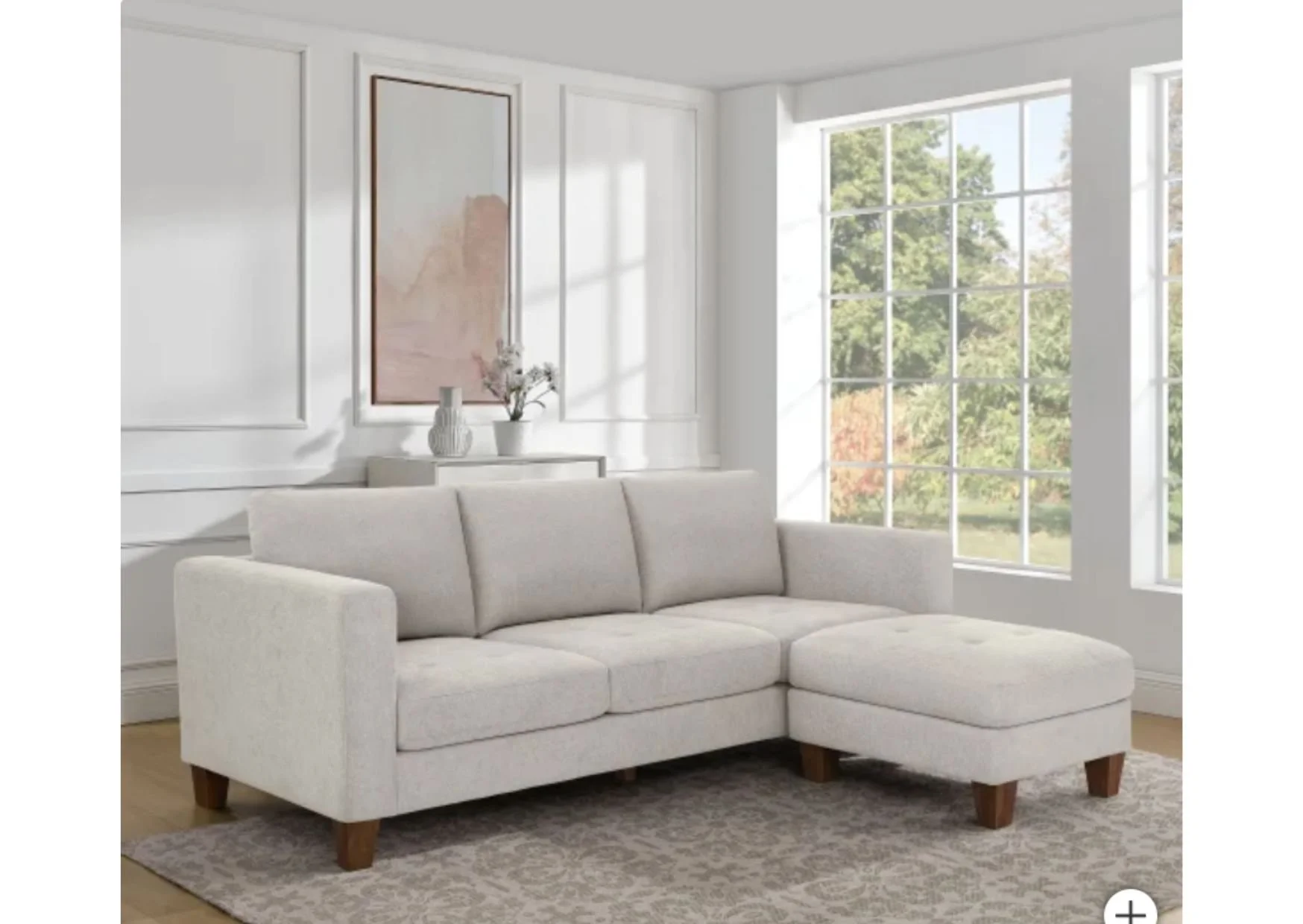 Light Beige Fabric Sofa with Ottoman and Pleated Seat Cushions