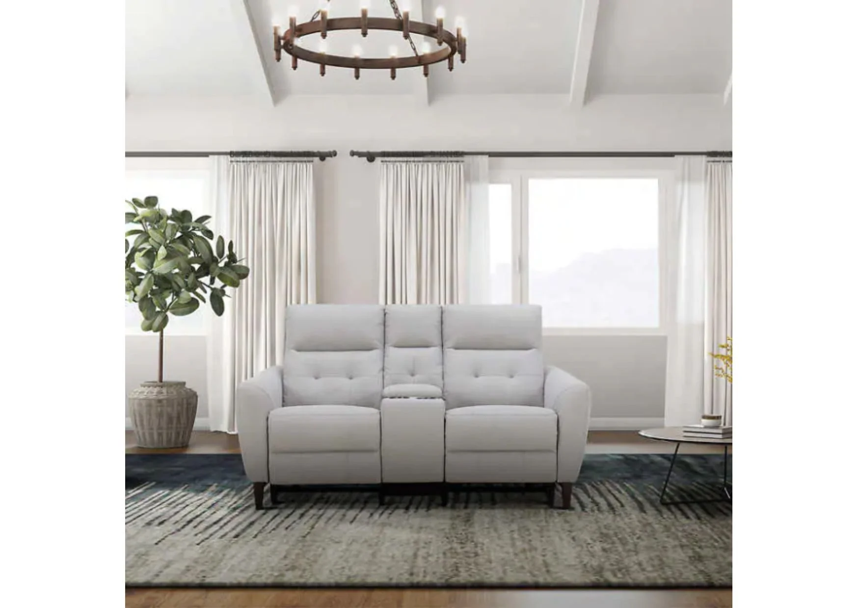 Light Grey Fabric Power Reclining Loveseat with Console and Power Headrests