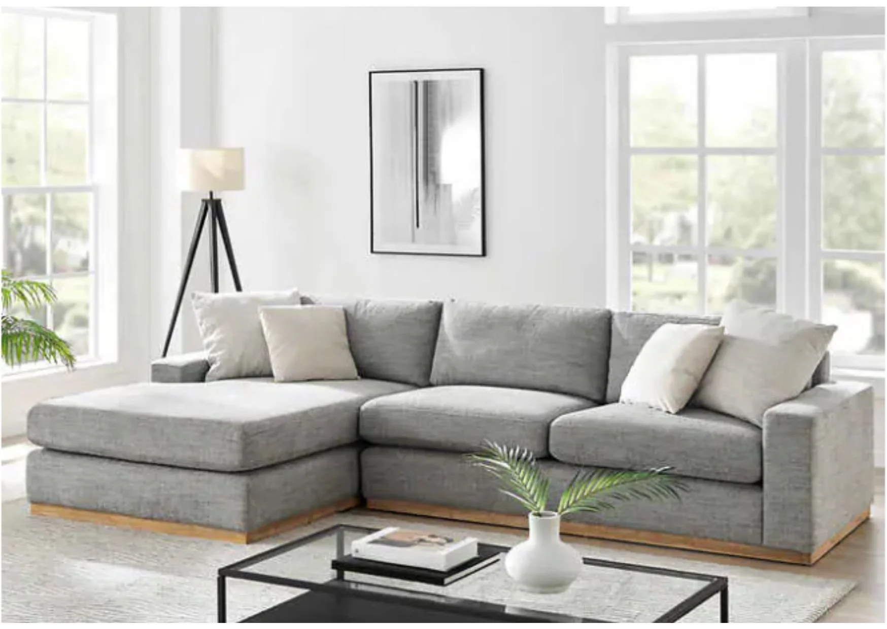 Grey Fabric Left Hand Facing Sectional with Wood Trim