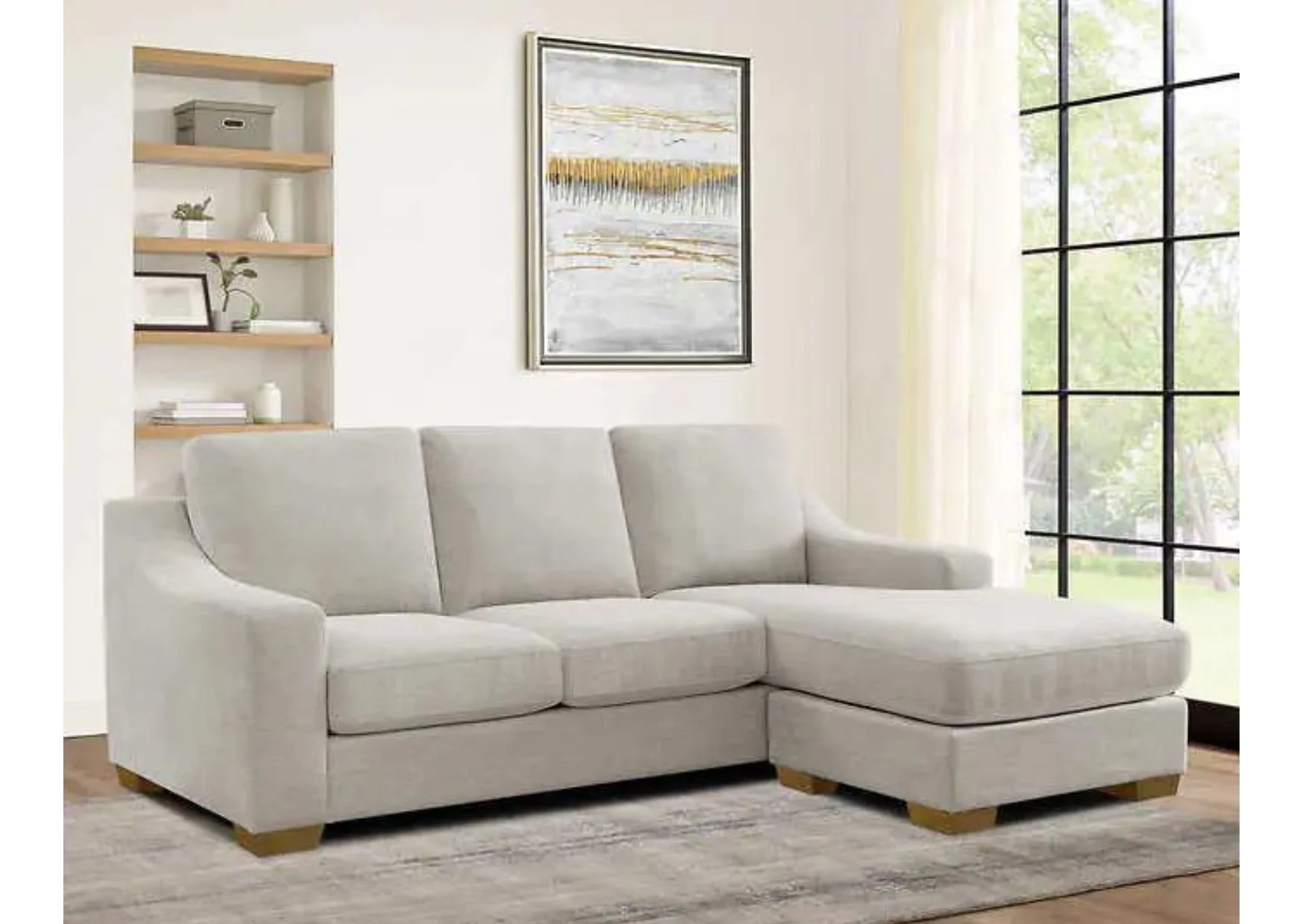 2-Piece Light Beige Fabric Sofa with Reversible Chaise