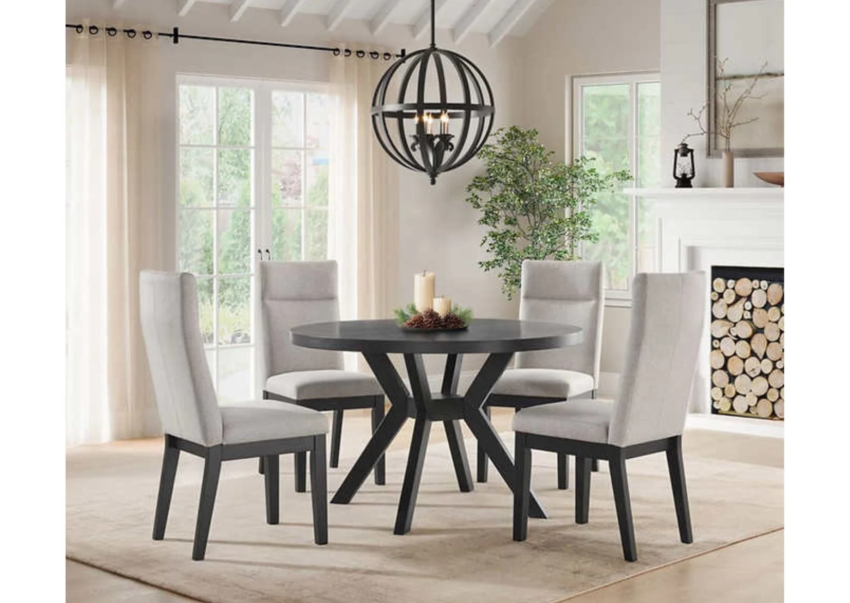 5-Piece Dining Set with Black Table and Light Grey Upholstered Chairs