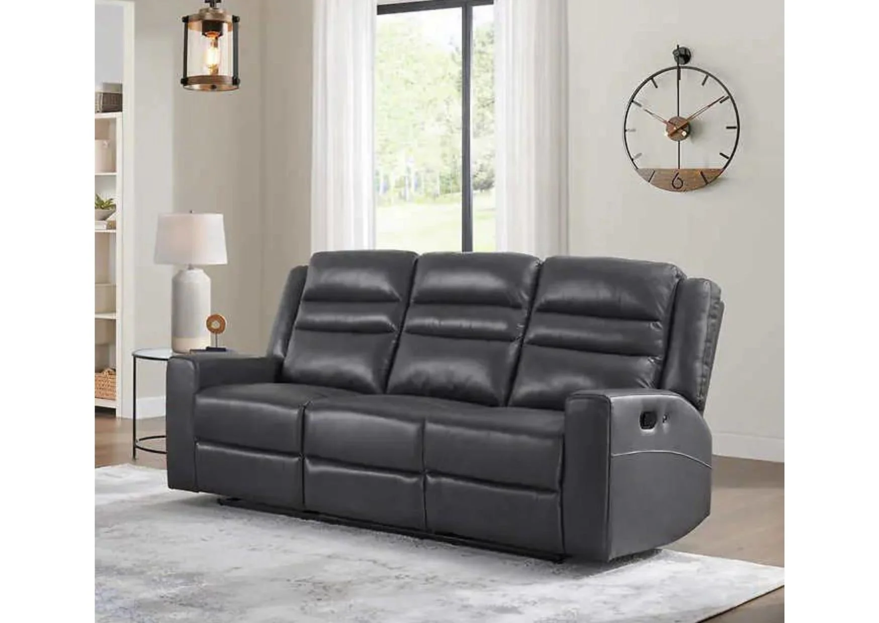 Dark Grey Top Grain Leather Manual Reclining Sofa