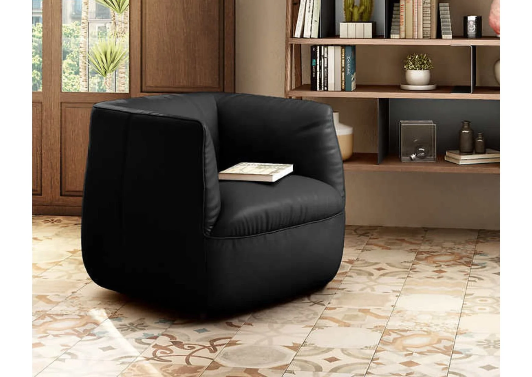 Natuzzi Wally Black Top Grain Leather Swivel Chair