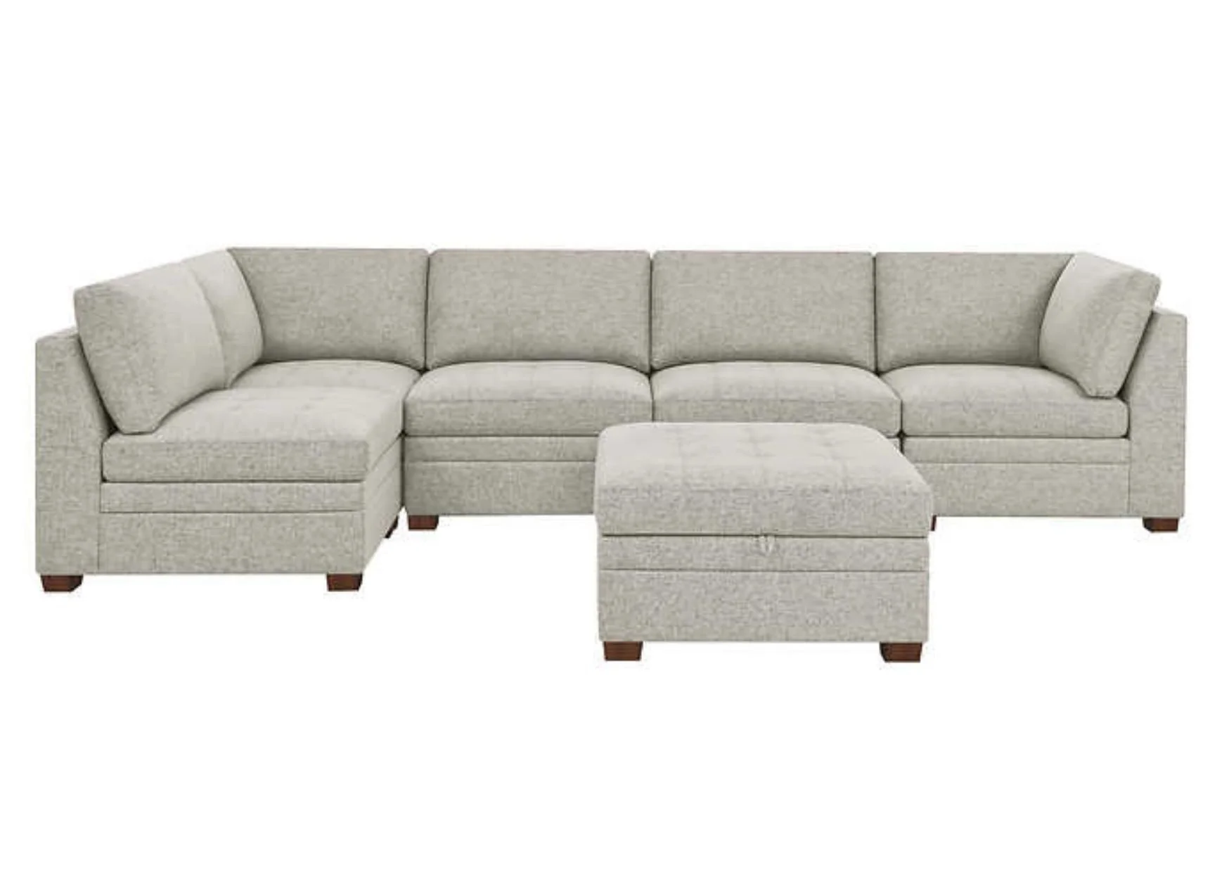 6-Piece Light Beige Fabric Sectional with Tufted Seat Cushions and Storage Ottoman