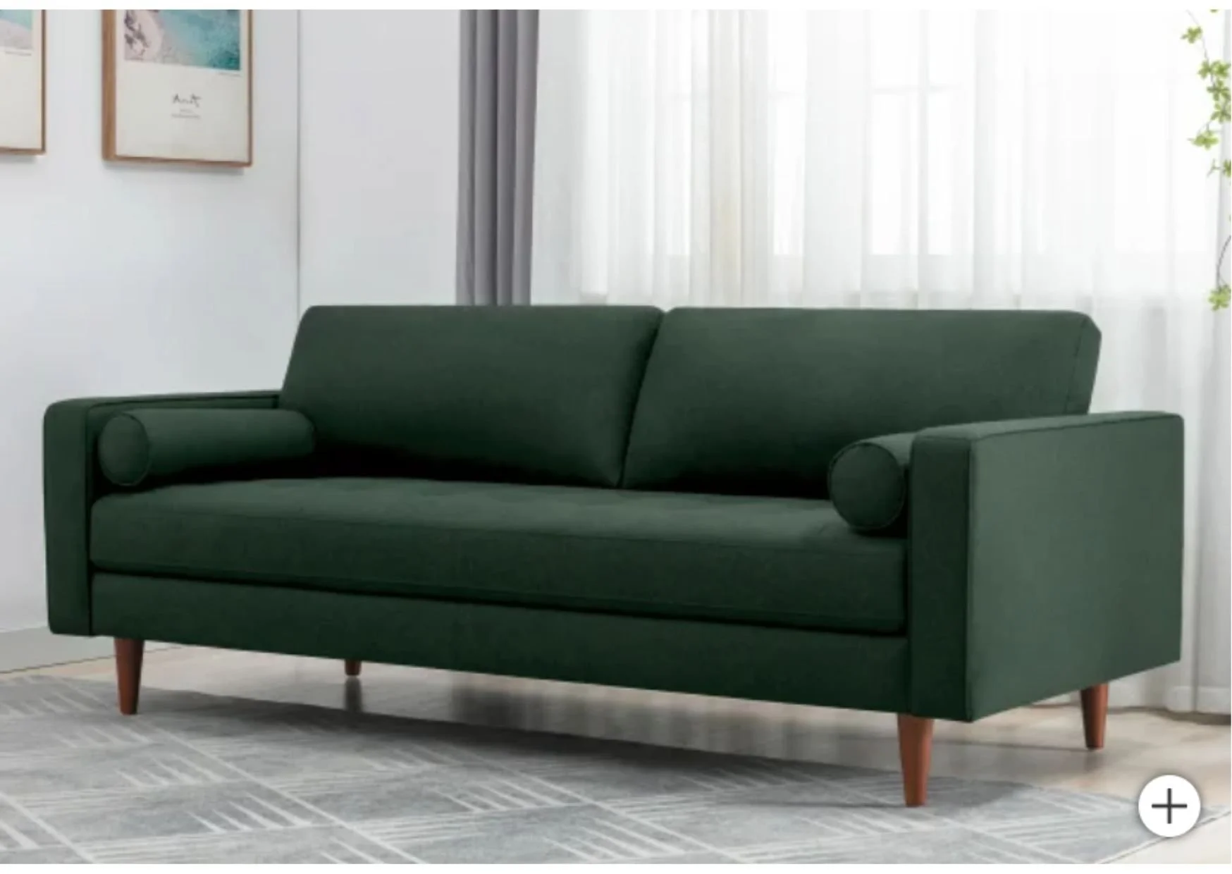 Dark Green Fabric Sofa with Bolster Accent Pillows