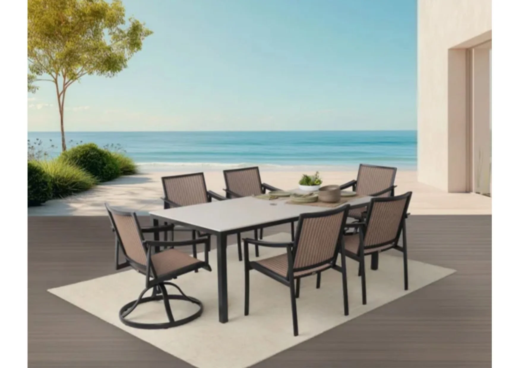 7-Piece Patio Dining Set with Striped Detail on Chairs & Swivel Captain Chairs