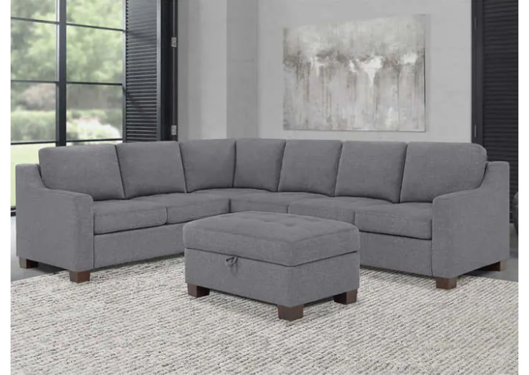 Grey Fabric 2-Piece Sectional with Storage Ottoman