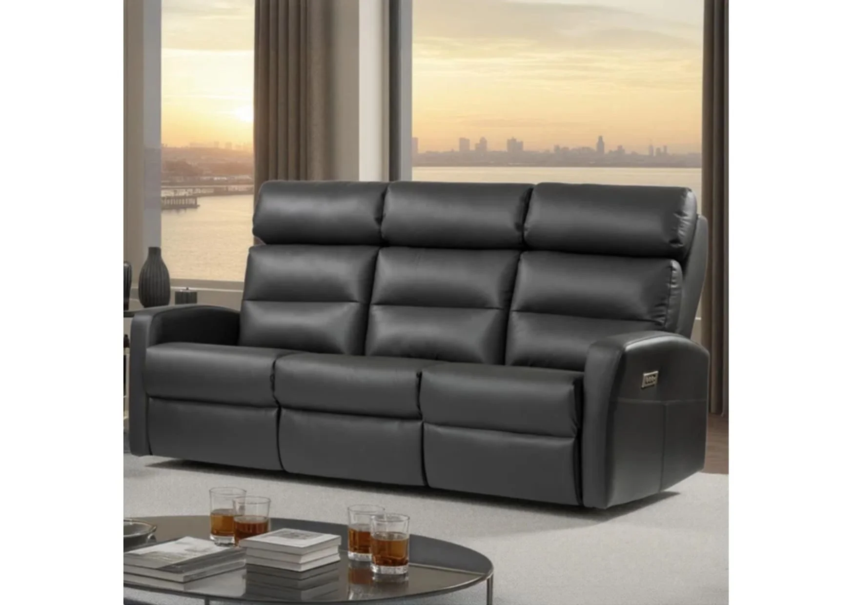 Charcoal Grey Top Grain Leather Power Reclining Sofa