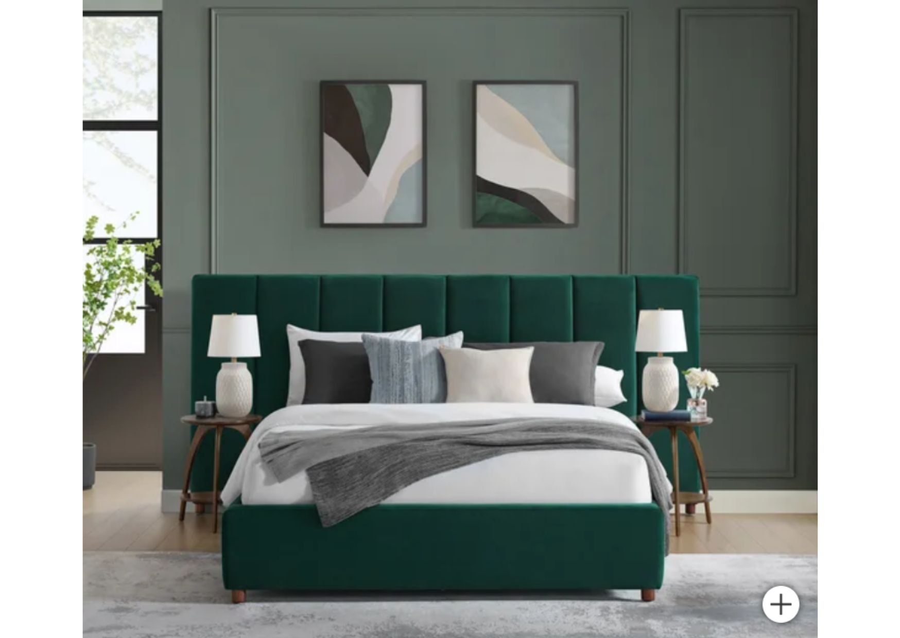 Green Velvet Upholstered Bed with Over-Sized Headboard
