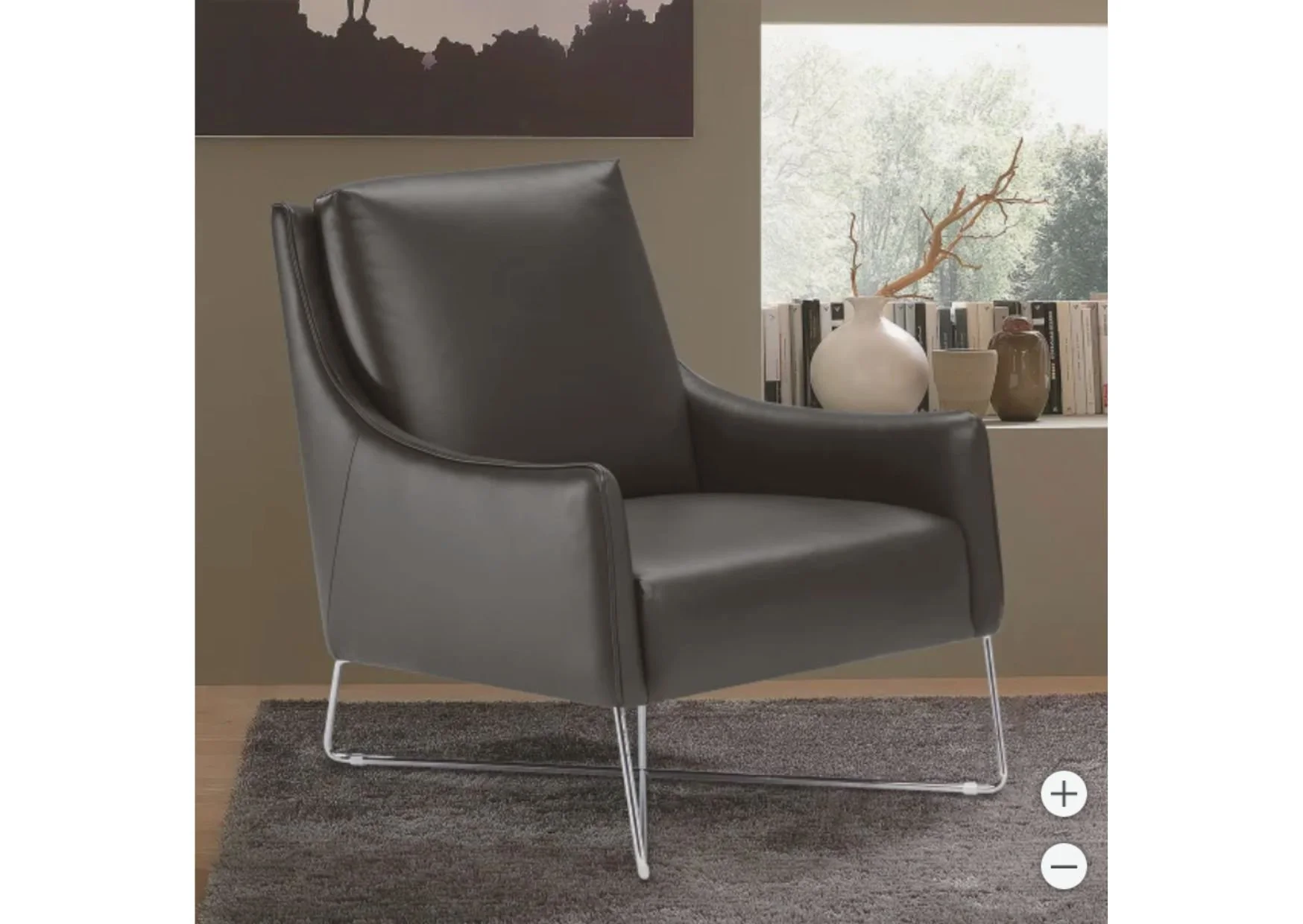 Natuzzi Dark Grey Top Grain Leather Accent Chair with Chrome Legs