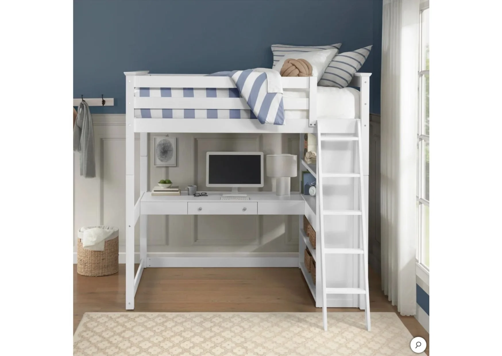 Double Loft Bed with Desk and Shelving in White