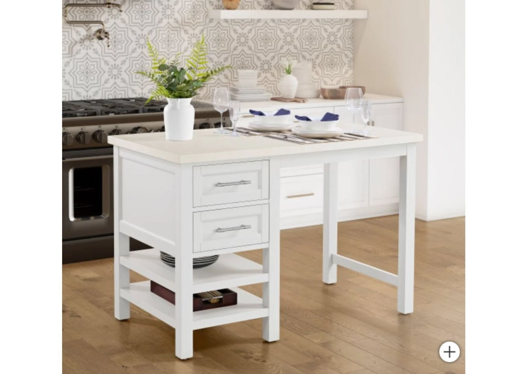 White Kitchen Island with Quartz Top and Drawers