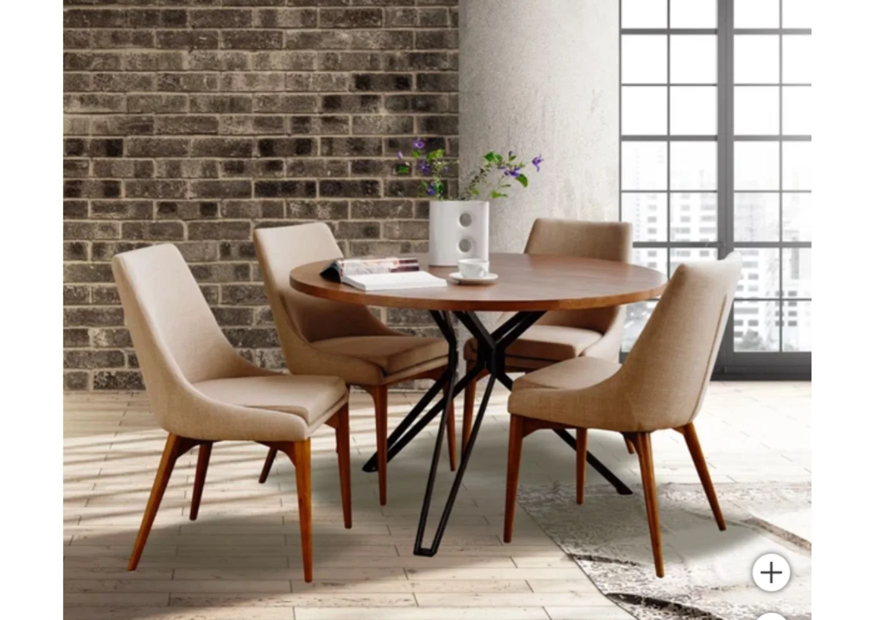 5-Piece Dining Set with 47” Round Table and Beige Upholstered Chairs