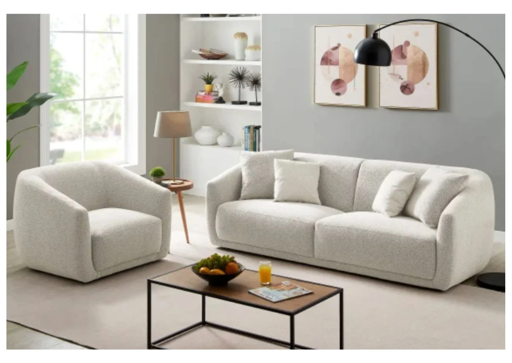 Off-White Soft Textured Boucle Fabric Sofa and Chair