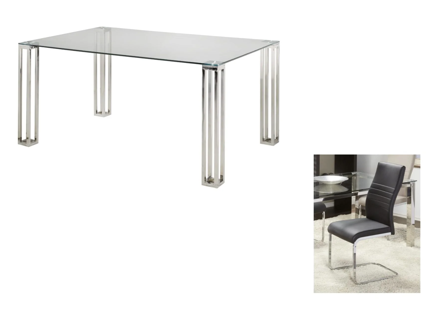 Chateau Glass and Chrome Dining Table with Black PU Leather Chairs