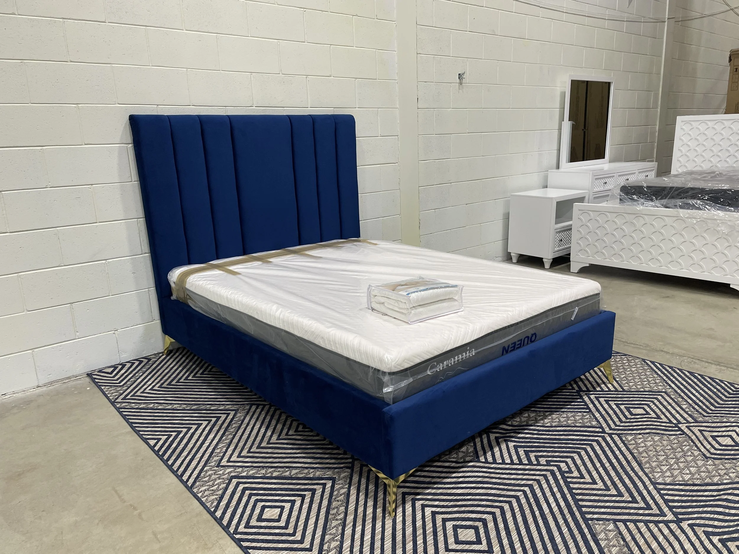 Blue Velvet Upholstered Bed with Tall Headboard