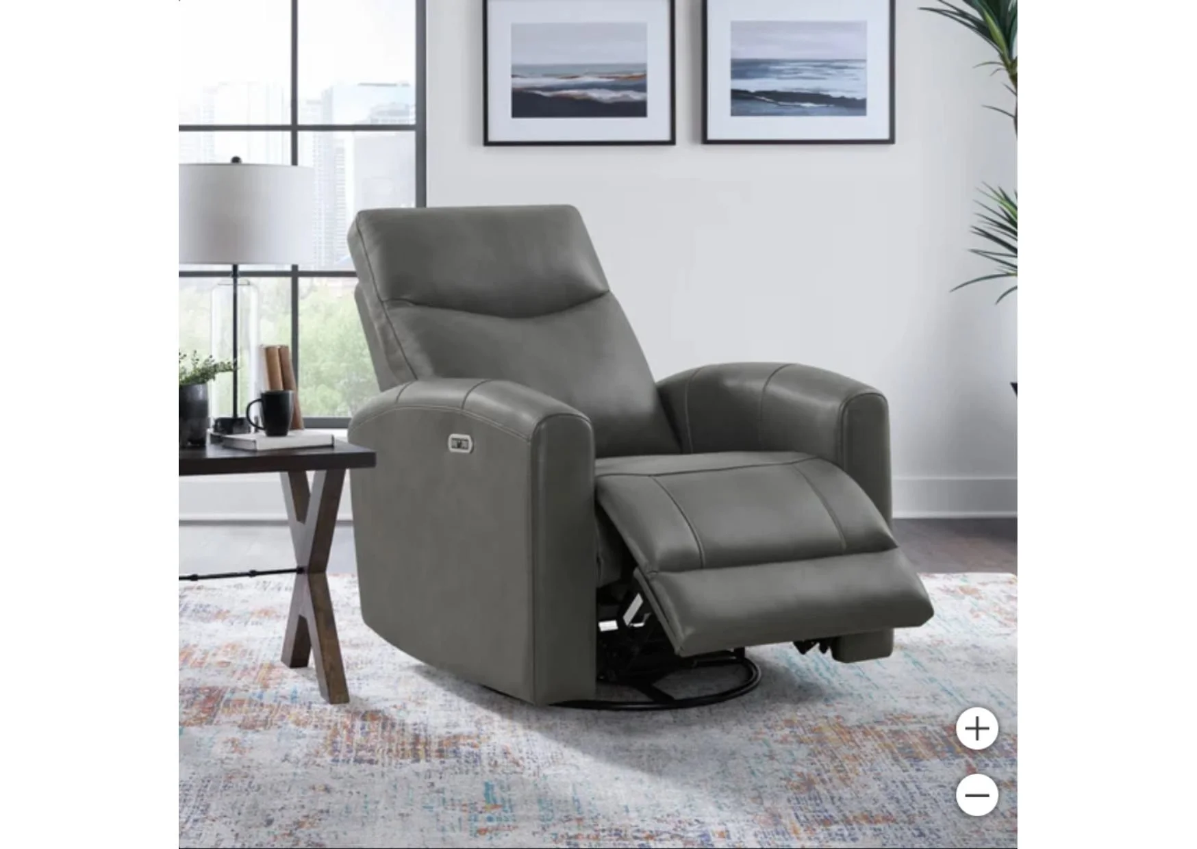 Grey Top-Grain Leather Swivel Power Recliner