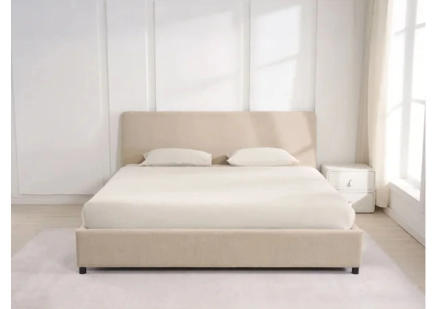 Queen Beige Upholstered Platform Bed
