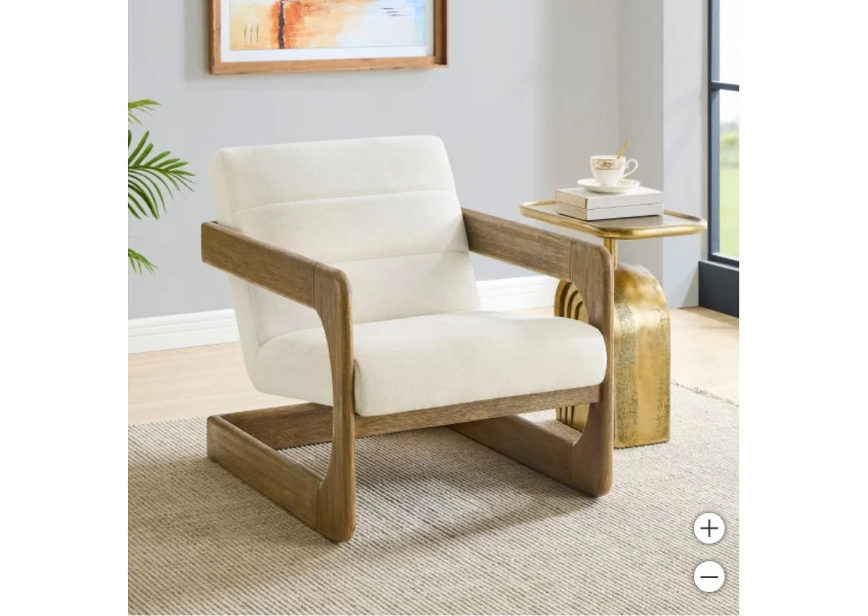 Cream Fabric Accent Chair with Wood Base