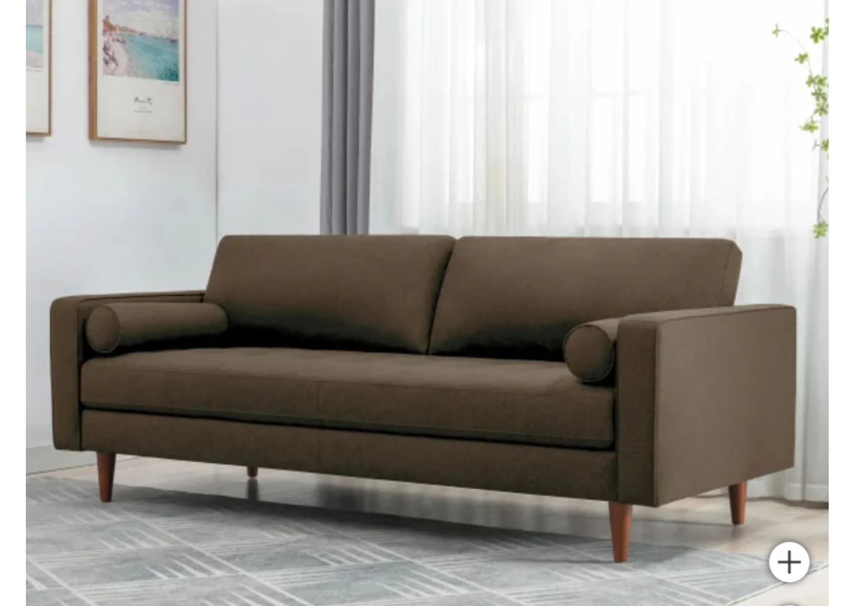 Brown Fabric Sofa with Bolster Accent Pillows