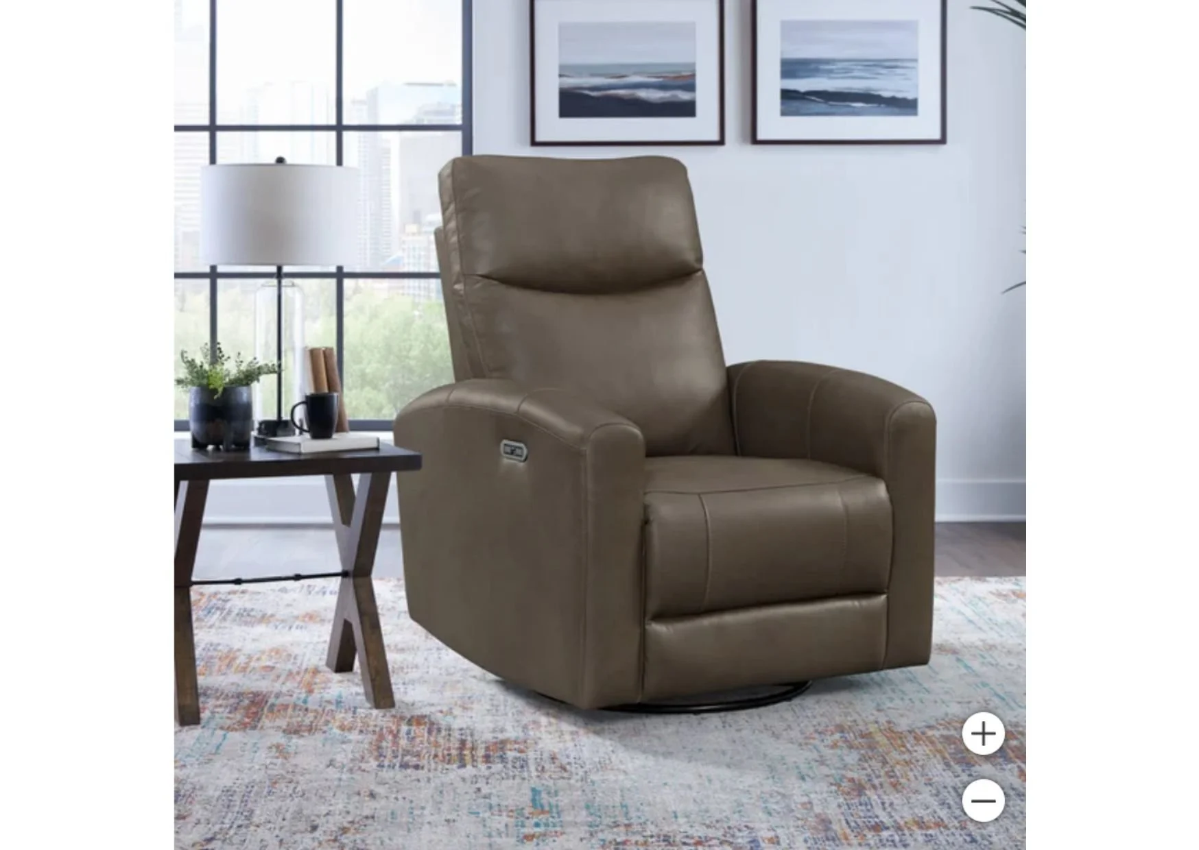Dark Taupe Top-Grain Leather Swivel Glider Power Recliner