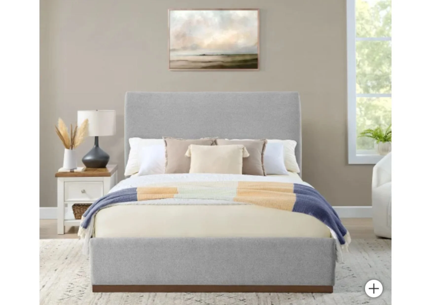 King Grey Fabric Bed with Wood Base