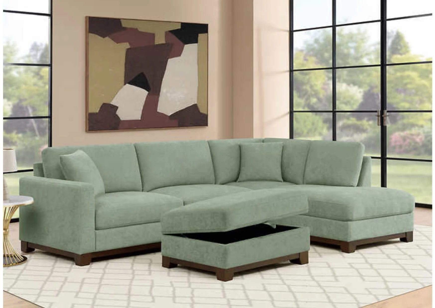3-Piece Mint Green Fabric Sectional with Storage Ottoman